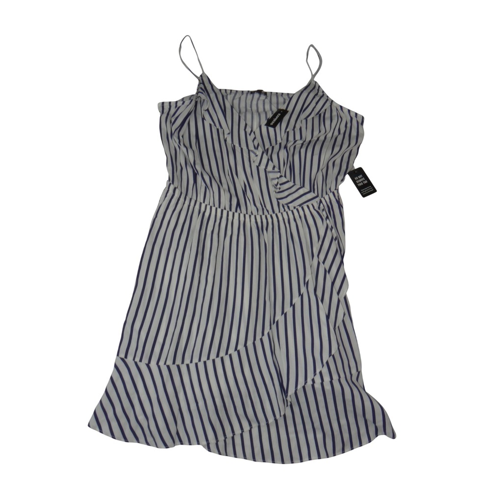 Express Striped Ruffle Surplice Mini Dress White Navy Blue XL 17246781
